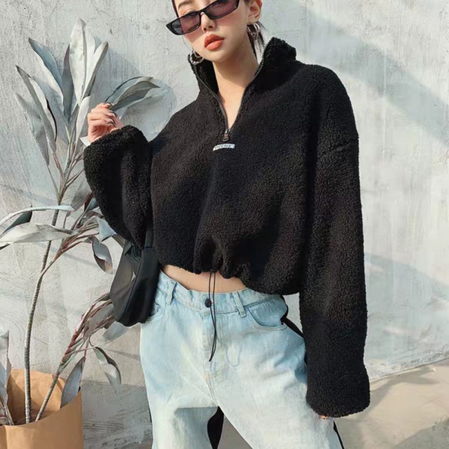 2020 custom autumn winter high quality Teddy hoodie for women puffsleeve pullover oversized thick crop top hoodie