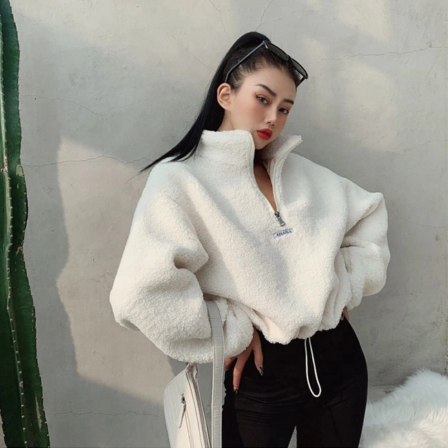 2020 custom autumn winter high quality Teddy hoodie for women puffsleeve pullover oversized thick crop top hoodie