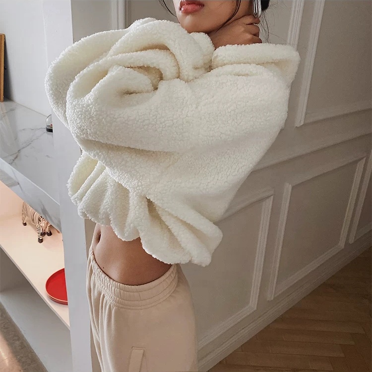 2020 custom autumn winter high quality Teddy hoodie for women puffsleeve pullover oversized thick crop top hoodie