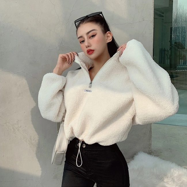 2020 custom autumn winter high quality Teddy hoodie for women puffsleeve pullover oversized thick crop top hoodie