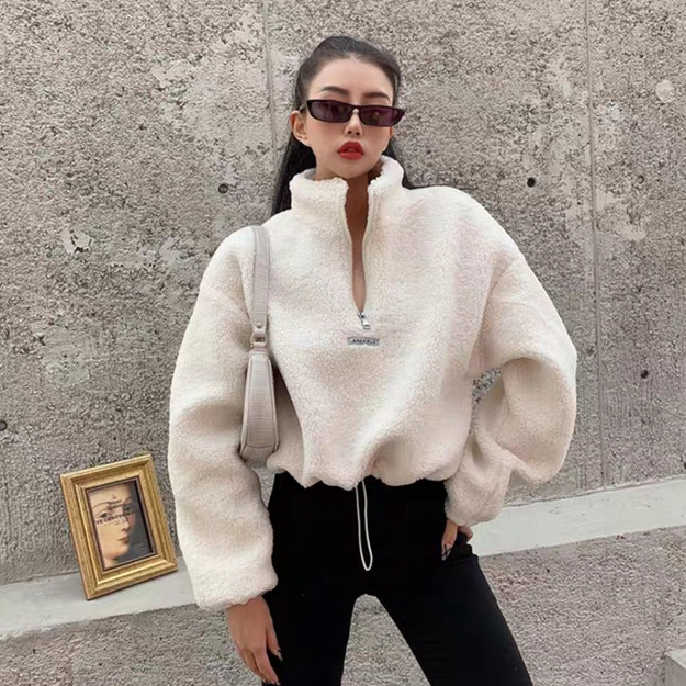 2020 custom autumn winter high quality Teddy hoodie for women puffsleeve pullover oversized thick crop top hoodie
