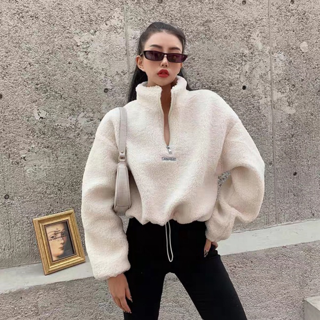 2020 custom autumn winter high quality Teddy hoodie for women puffsleeve pullover oversized thick crop top hoodie