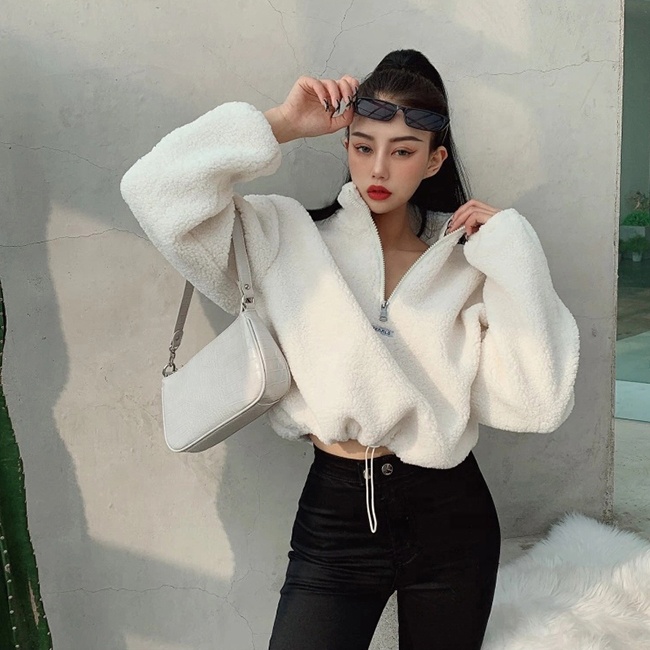 2020 custom autumn winter high quality Teddy hoodie for women puffsleeve pullover oversized thick crop top hoodie