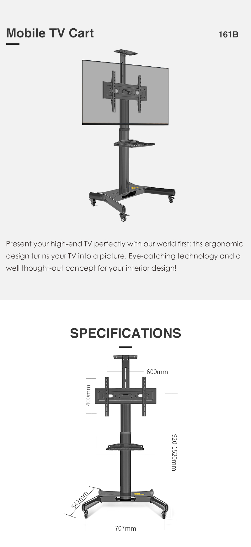 161可调节高度的移动手推车滚动落地电视架