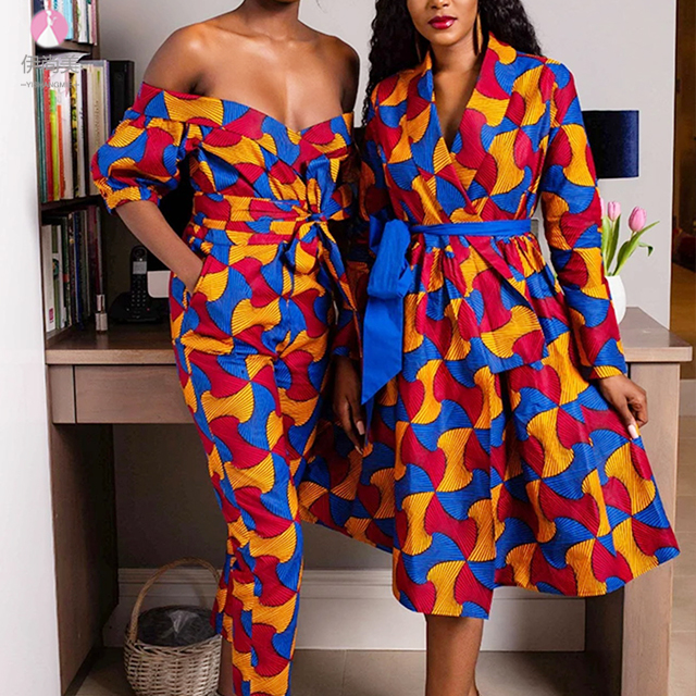 Design V-neck long sleeve printed medium and long loose summer African ladies dress