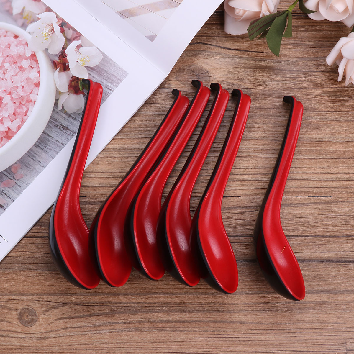 6 piece set of red and black plastic Southeast Asian spoon