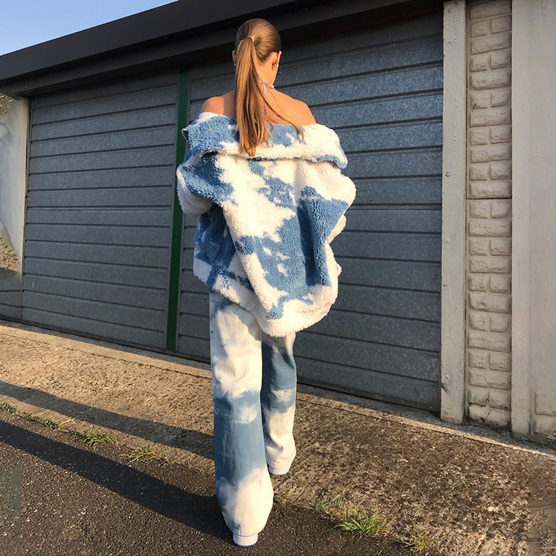 European and American fashion autumn/winter tie-dye lamb down long-sleeve zipper casual fried street ladies jacket