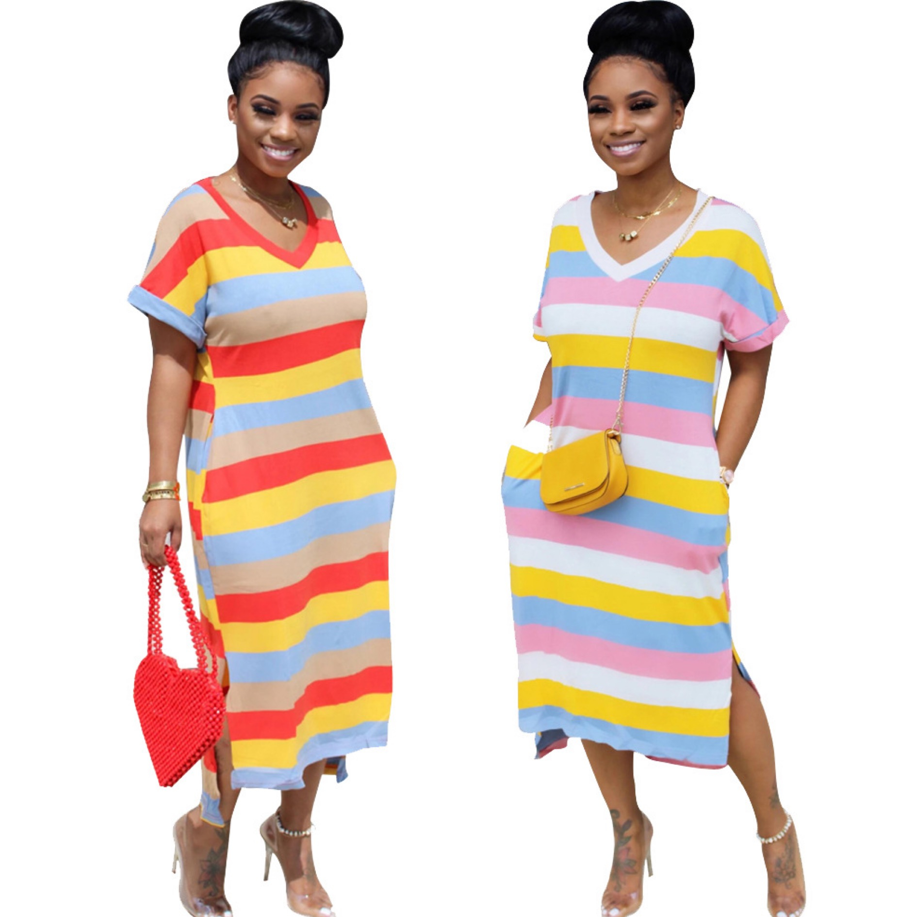 African Lady V-neck Rainbow Invisible Pocket Dress