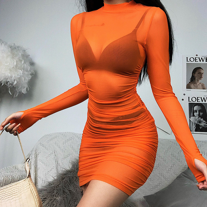 Europe and the United States super fire sexy mesh perspective one-step fashion dress
