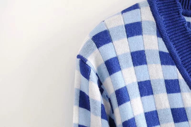 European and American autumn new women's wear French retro plaid short high-waisted slim knit sweater