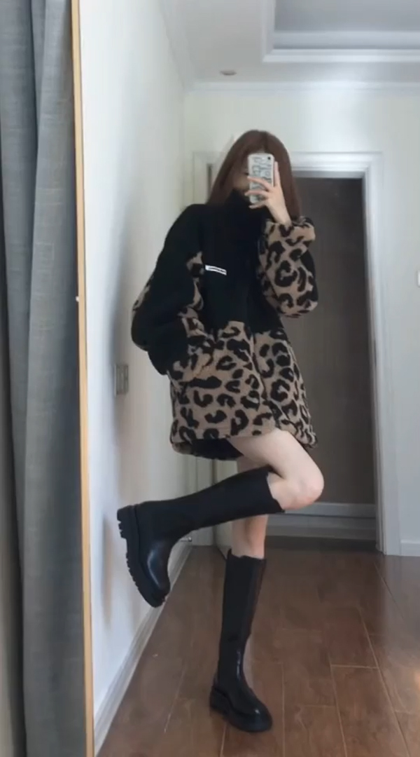 欧美范拼接撞色豹纹羊羔绒外套女中长款宽松立领开衫秋冬休闲夹克