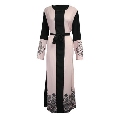 Fashion Arab muslims printed long sleeve splice belt dress