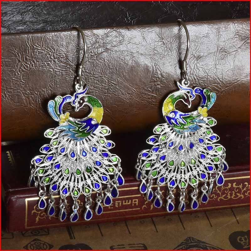 Colorful cloisonne peacock earrings