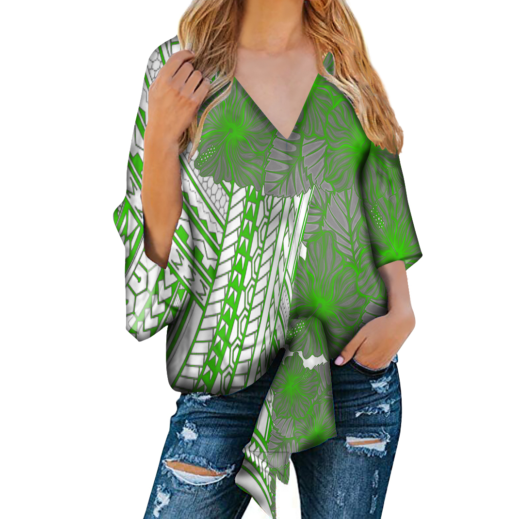 Custom-made African style three-quarter sleeve V-neck blouse for ladies
