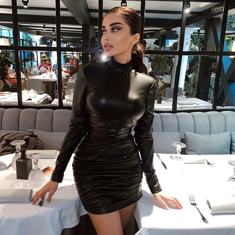 European-american temperament elegant autumn and winter round collar wrap buttocks dress