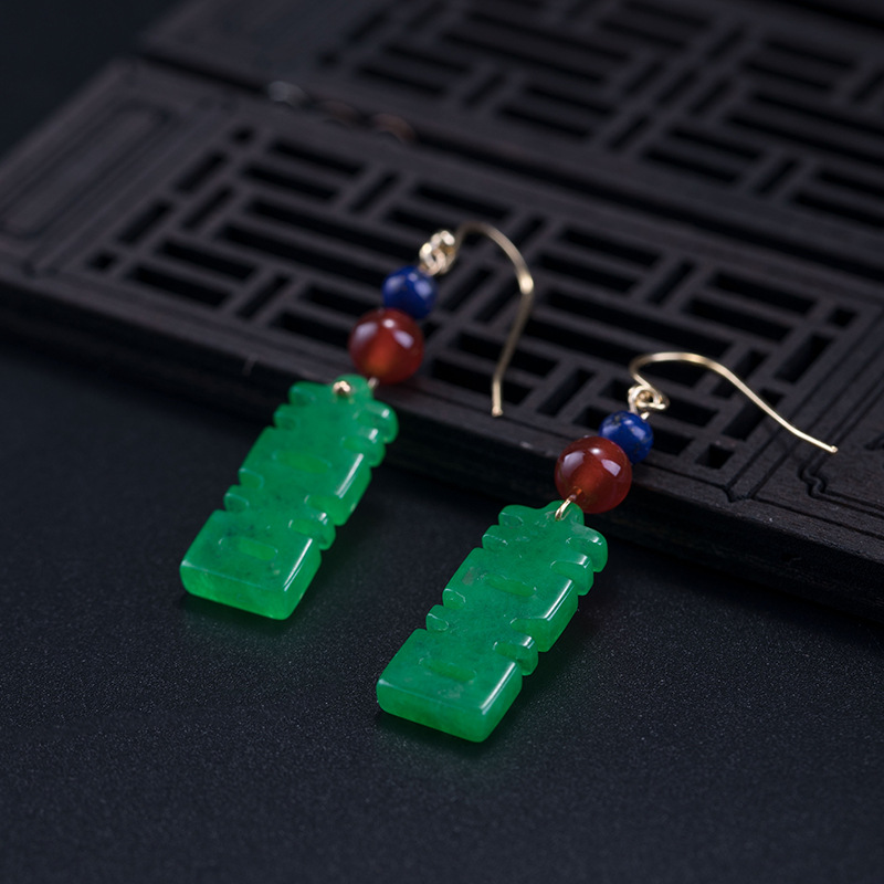 Antique silver dry green happy character onyx earrings