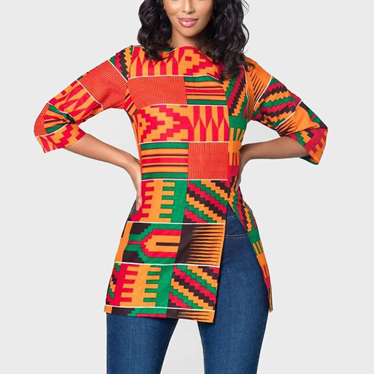 Sleeve Round Neck  African  Women  T-Shirt 