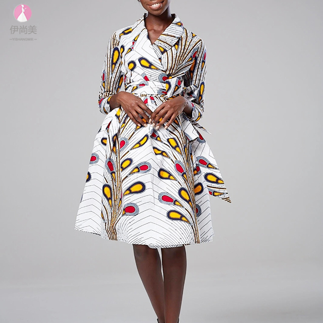 Design V-neck long sleeve printed medium and long loose summer African ladies dress