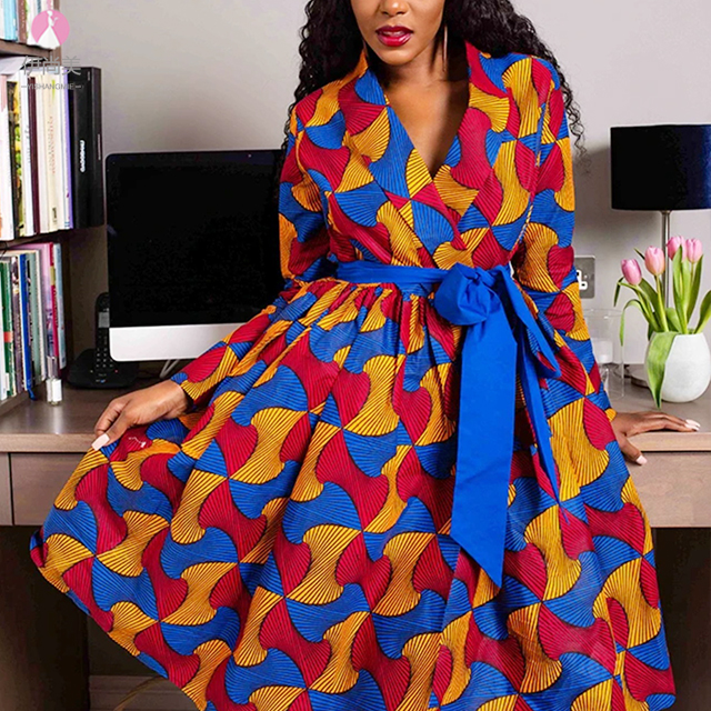 Design V-neck long sleeve printed medium and long loose summer African ladies dress