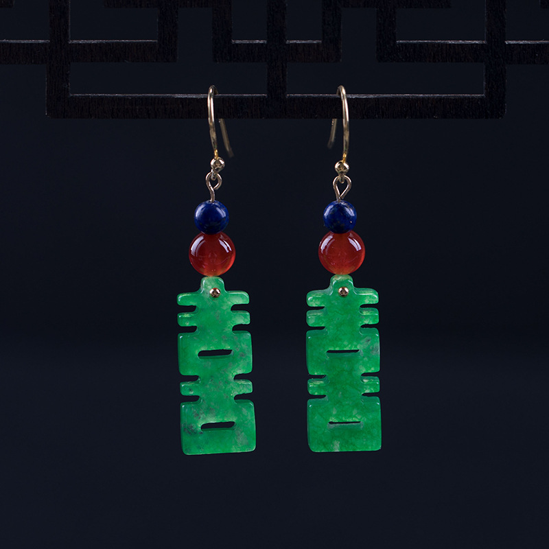 Antique silver dry green happy character onyx earrings