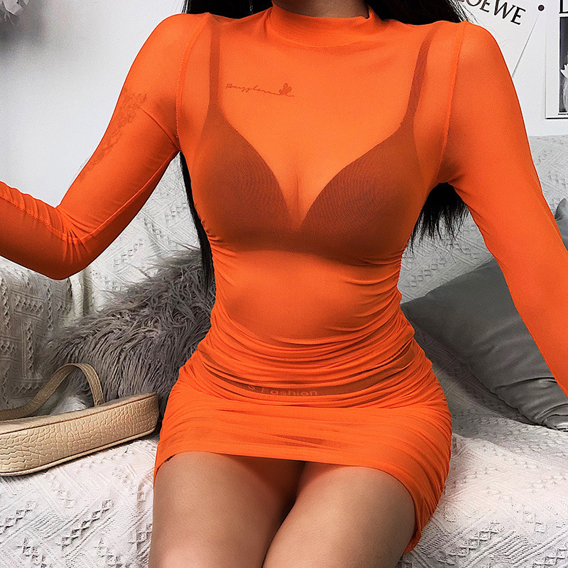 Europe and the United States super fire sexy mesh perspective one-step fashion dress