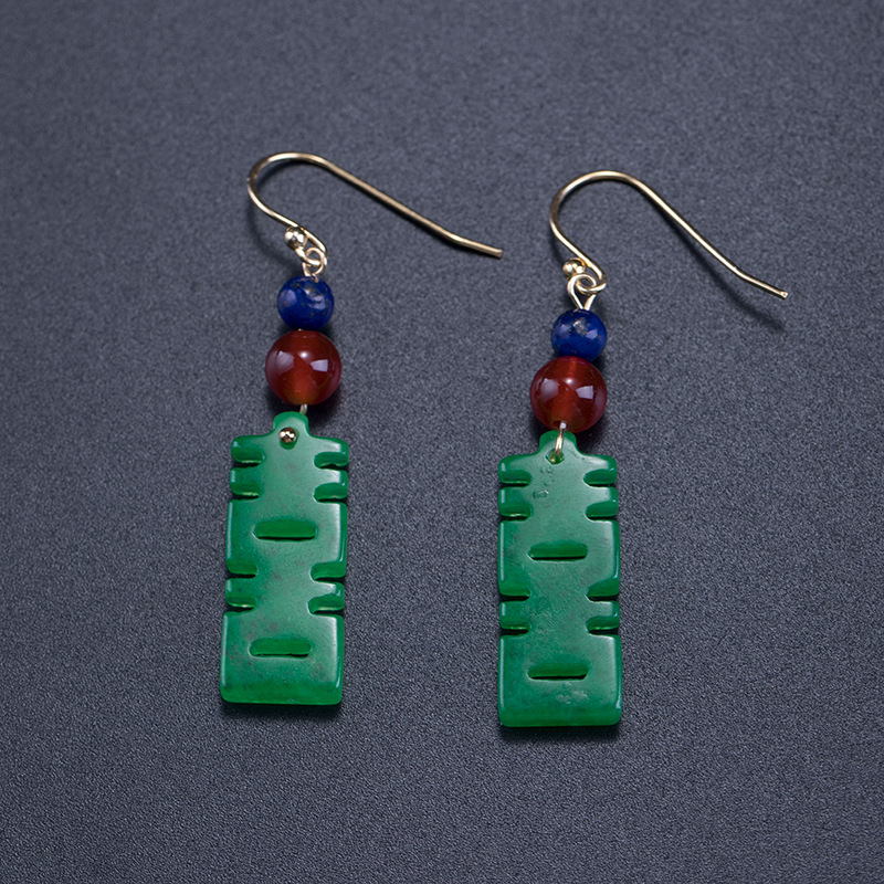 Antique silver dry green happy character onyx earrings