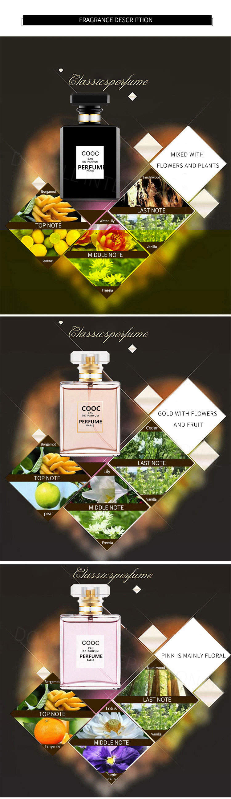 Fashion glass bottle to sample custom rose love female perfume