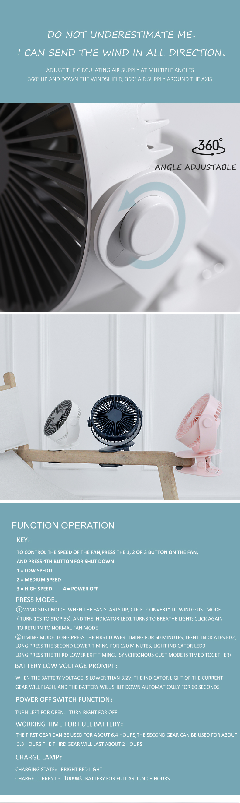 Portable battery-powered rotating electric fan