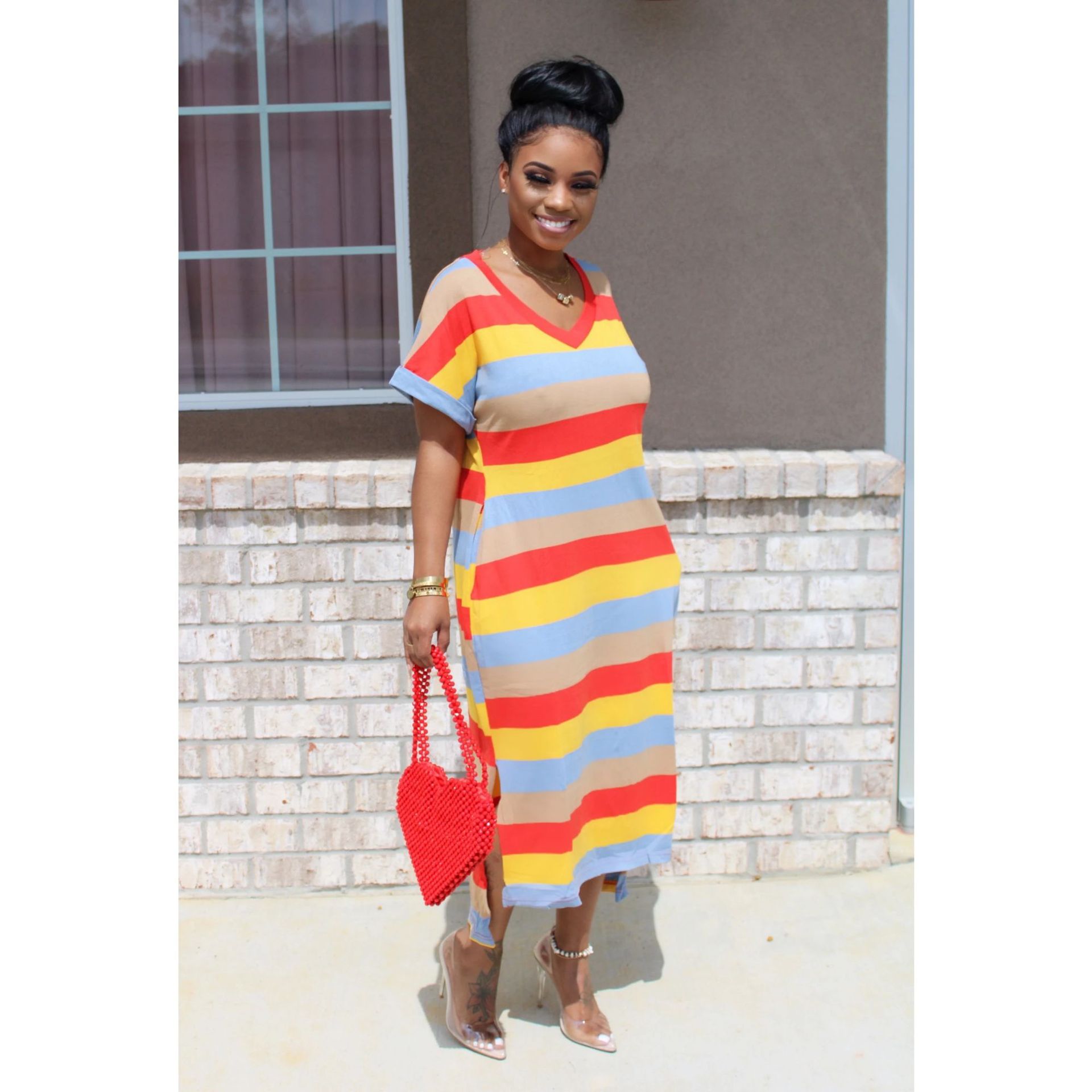 African Lady V-neck Rainbow Invisible Pocket Dress