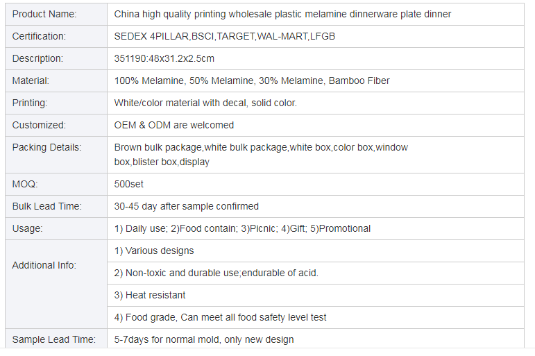 High quality printed plastic lamine southeast Asia plates
