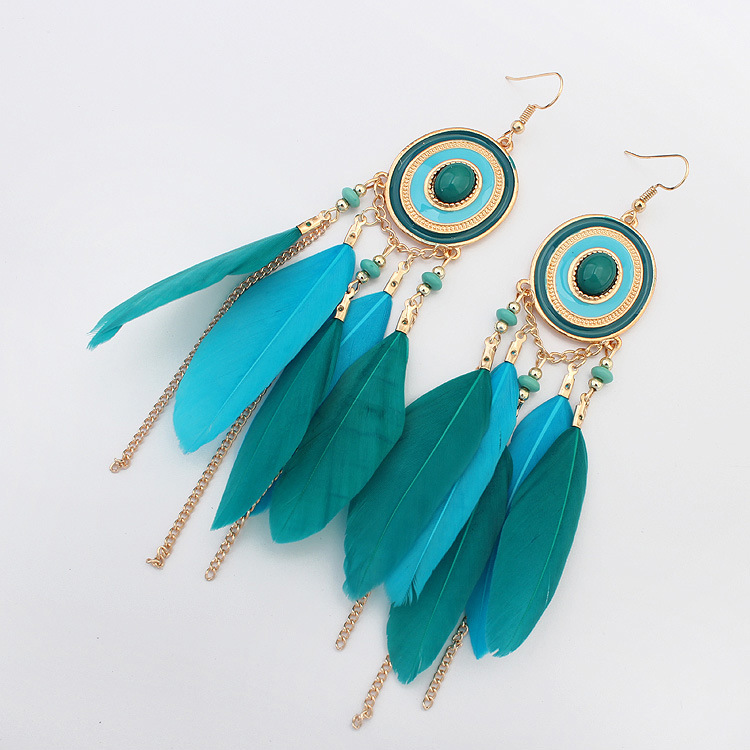 Fashion Bohemia disc feather tassel earrings