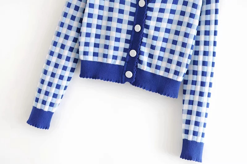 European and American autumn new women's wear French retro plaid short high-waisted slim knit sweater