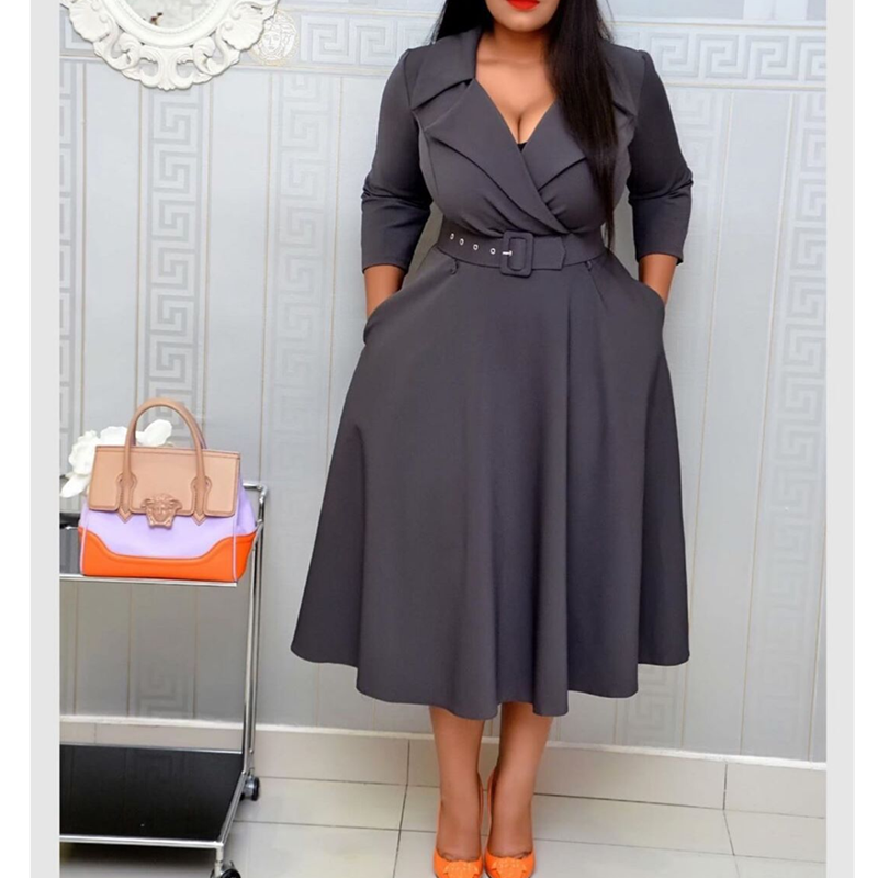 Notched Plus Size Pleated Midi A-line African Lady Dress