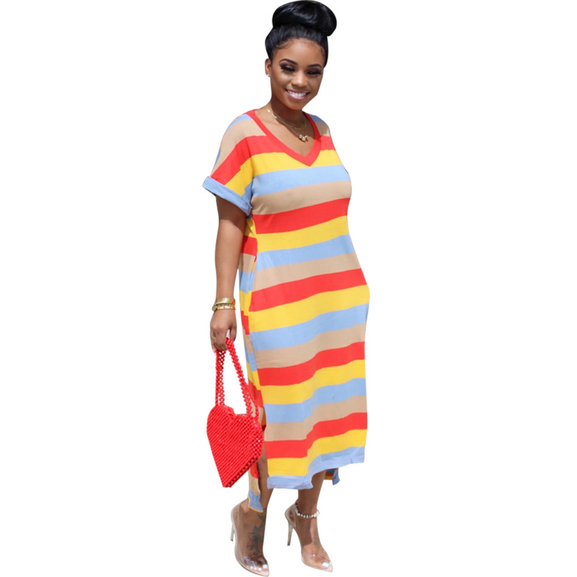 African Lady V-neck Rainbow Invisible Pocket Dress