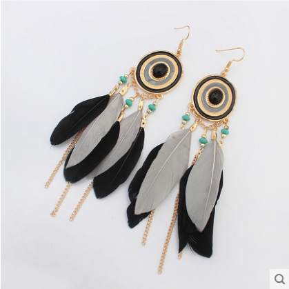 Fashion Bohemia disc feather tassel earrings