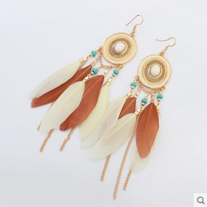 Fashion Bohemia disc feather tassel earrings
