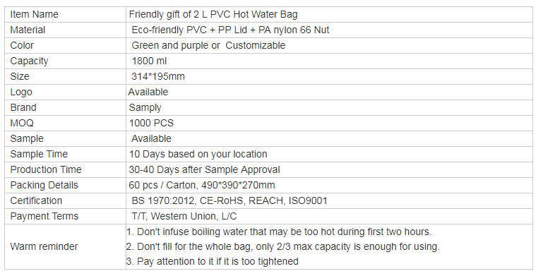 2L PVC environmental protection gift warm water bag