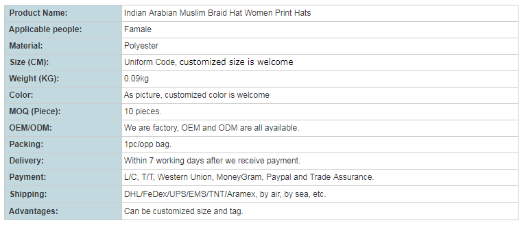 Muslims knit Arab women's printed hat