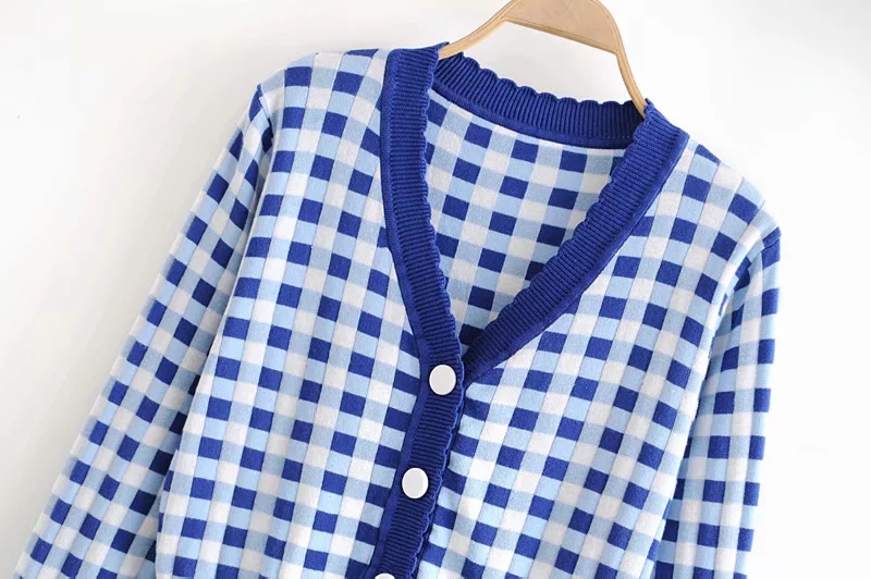 European and American autumn new women's wear French retro plaid short high-waisted slim knit sweater