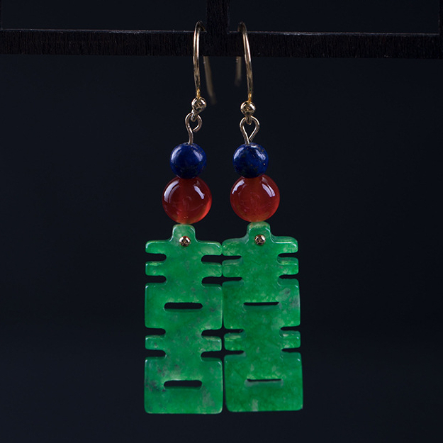 Antique silver dry green happy character onyx earrings