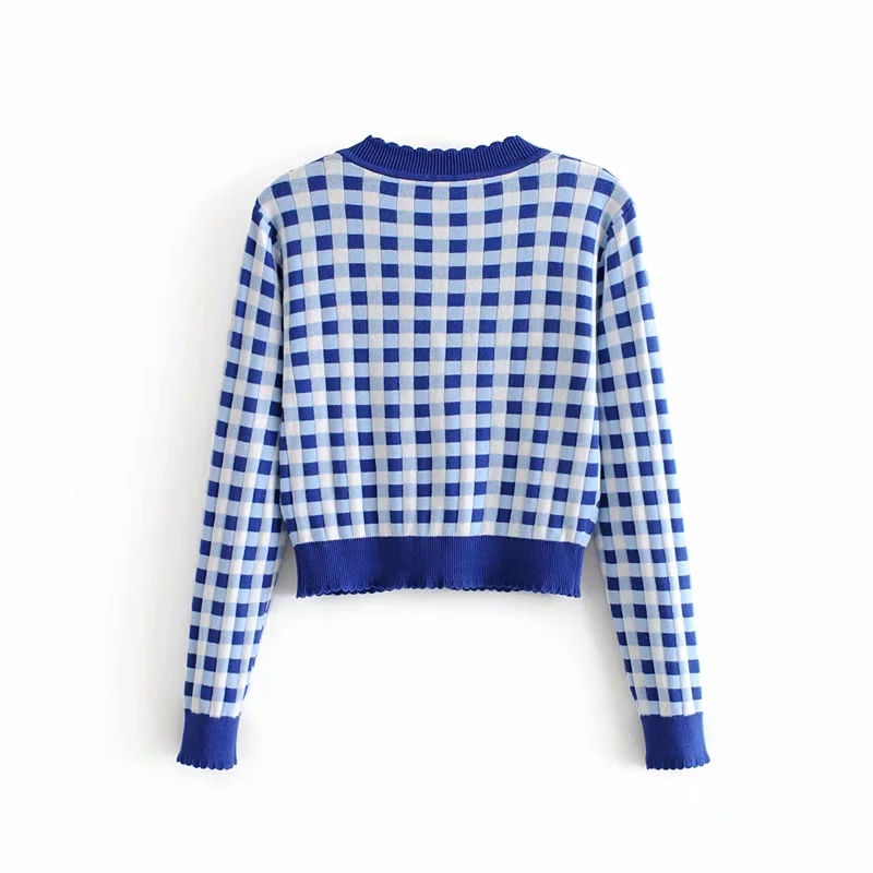 European and American autumn new women's wear French retro plaid short high-waisted slim knit sweater