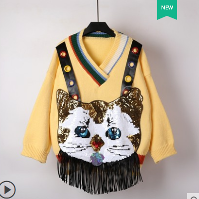 2020冬季新款时尚撞色V领猫头流苏可爱日系女士毛衣