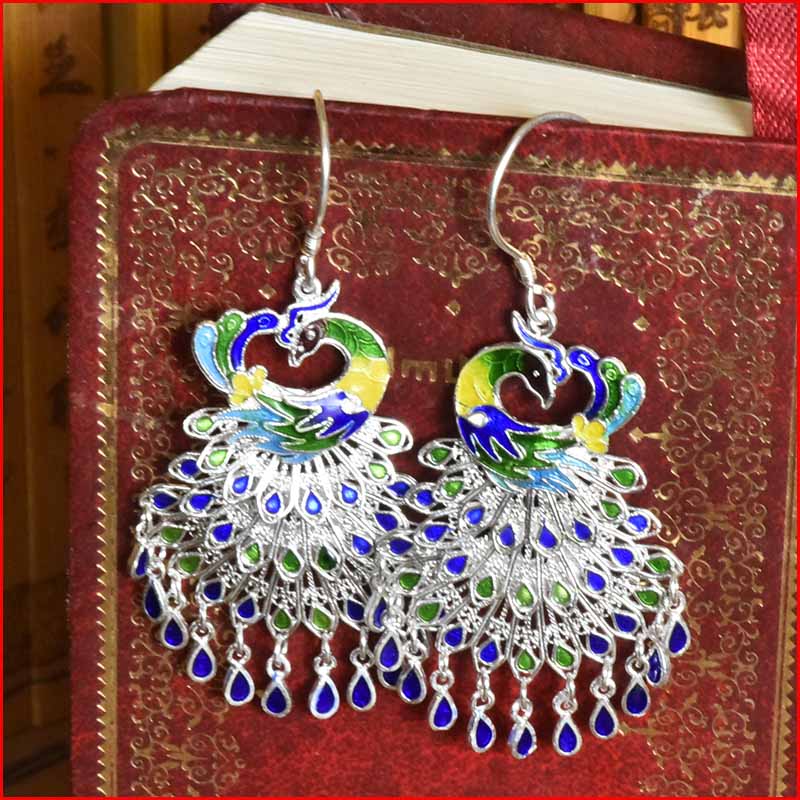 Colorful cloisonne peacock earrings