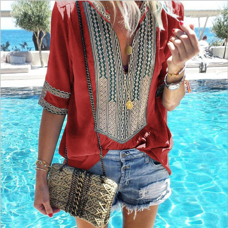 Ethnic stripe V-neck loose African lady's shirt