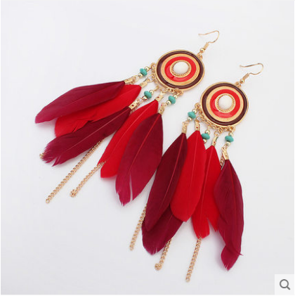 Fashion Bohemia disc feather tassel earrings
