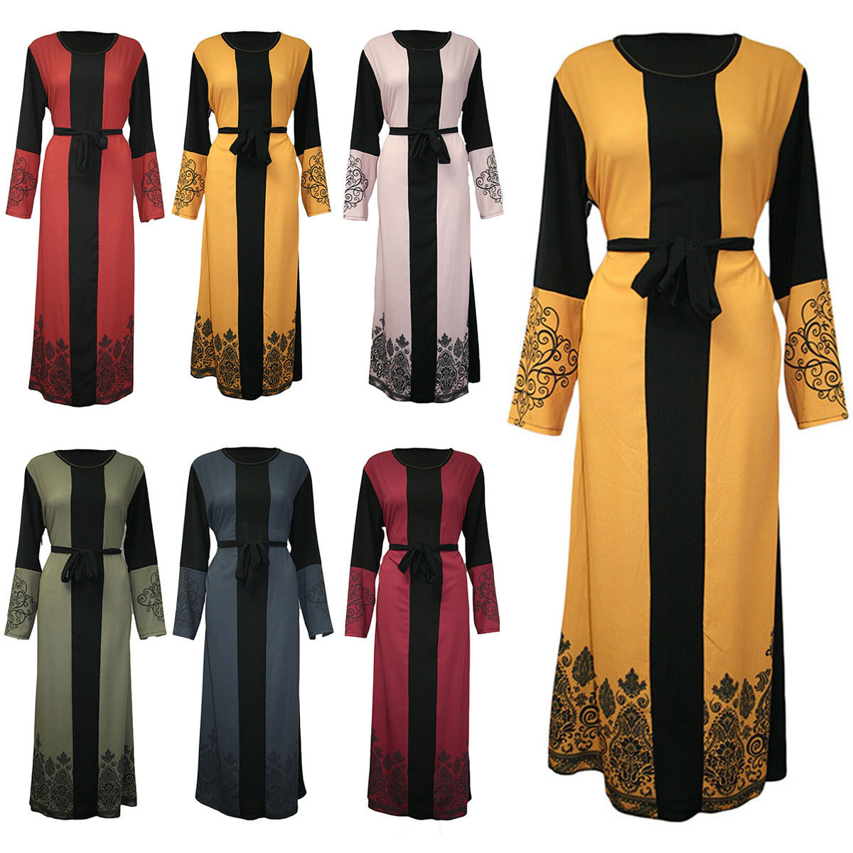 Fashion Arab muslims printed long sleeve splice belt dress