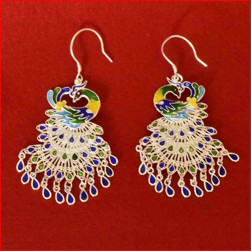 Colorful cloisonne peacock earrings