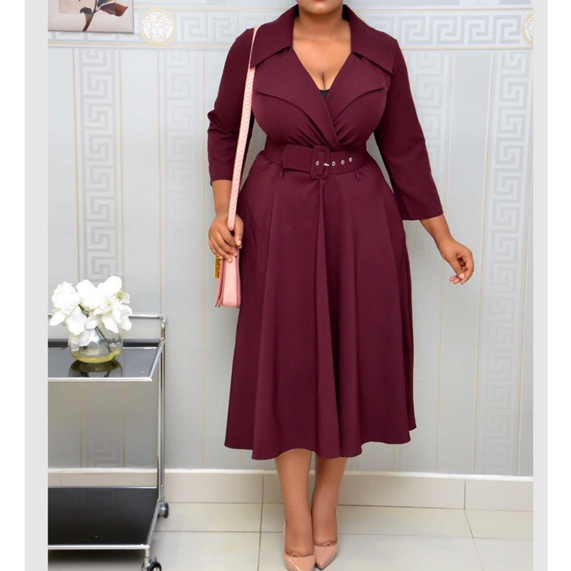 Notched Plus Size Pleated Midi A-line African Lady Dress