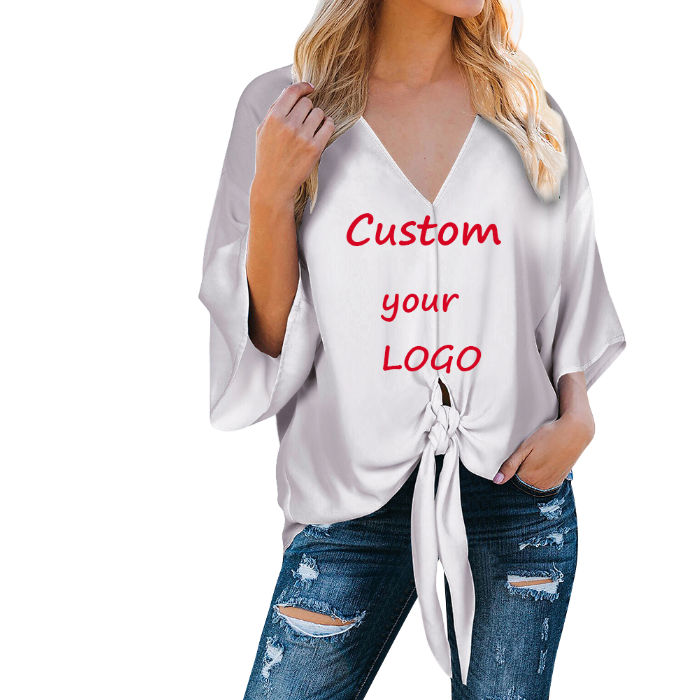 Custom-made African style three-quarter sleeve V-neck blouse for ladies