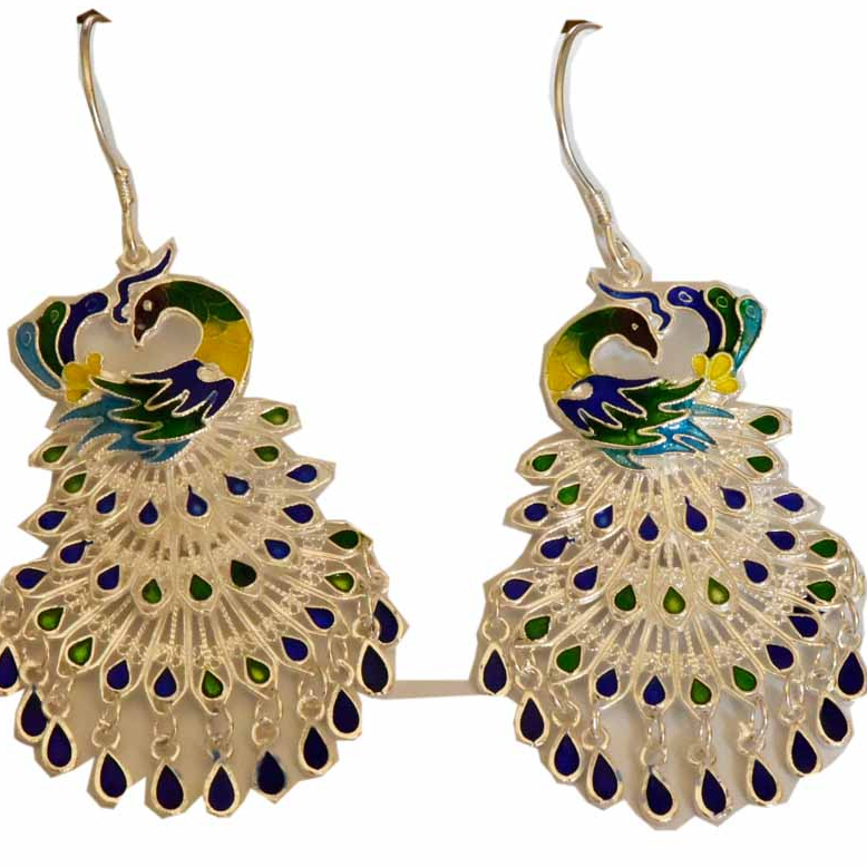 Colorful cloisonne peacock earrings